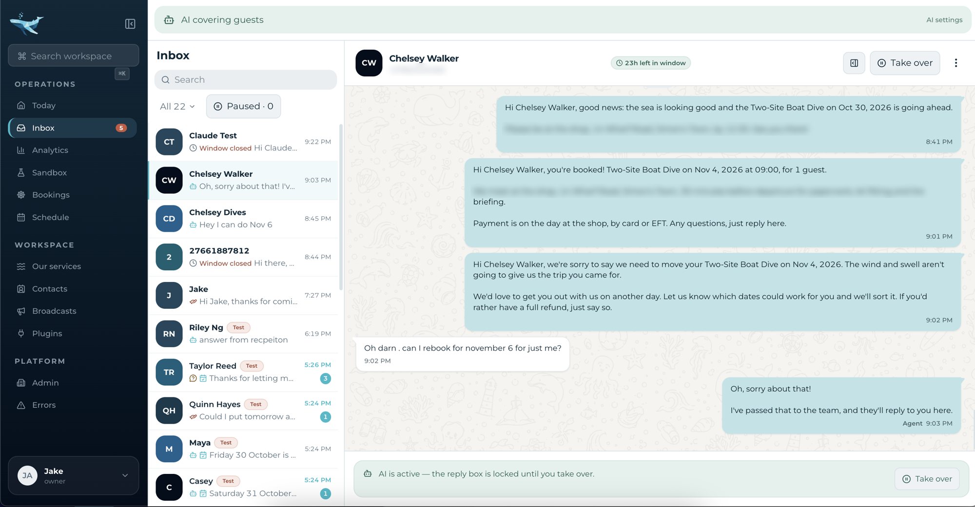Inbox: the AI answers guests on WhatsApp, and the crew can take over at any time