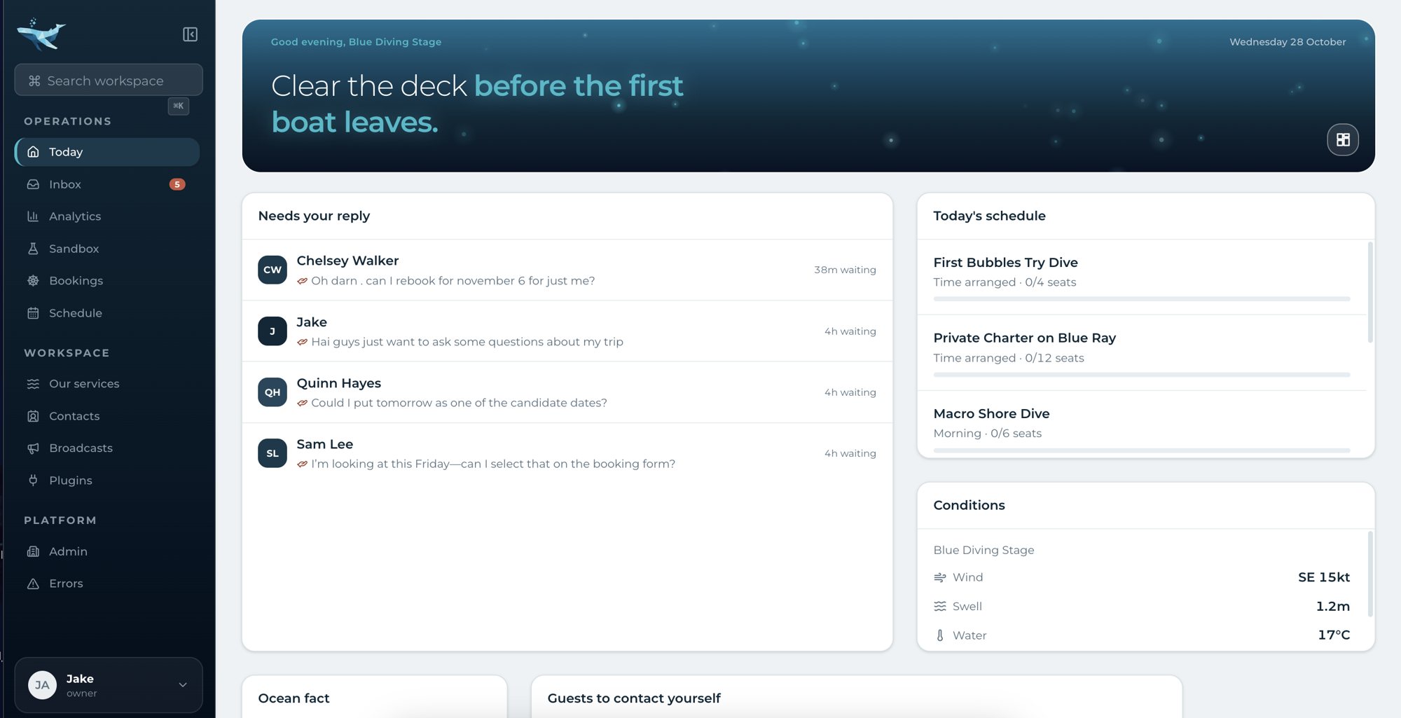 The Ocean Ops web app I designed: the Today screen operators open each morning